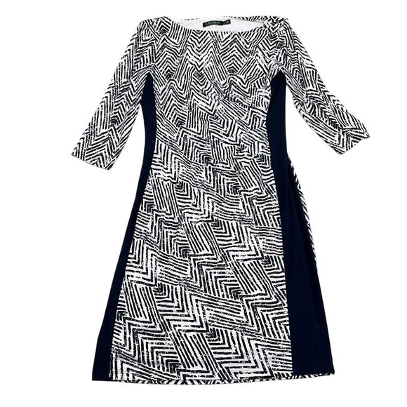 Lauren Ralph Lauren Dress Women 10 Black White Chevron Sheath Colorblock Stretch - Picture 1 of 11